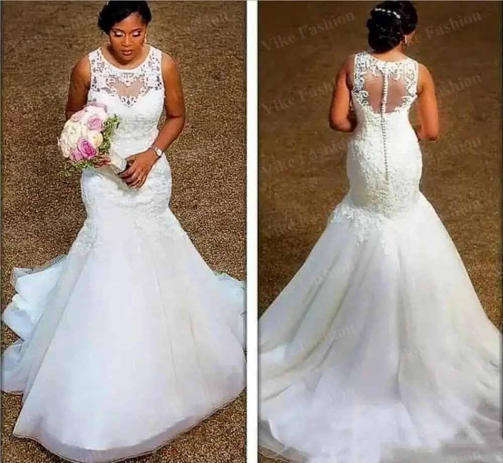 

Elegant Mermaid Wedding Dresses Sheer Neck Appliques Lace Tulle Plus Size Wedding Dresses Custom Made Cheap Bridal Gowns