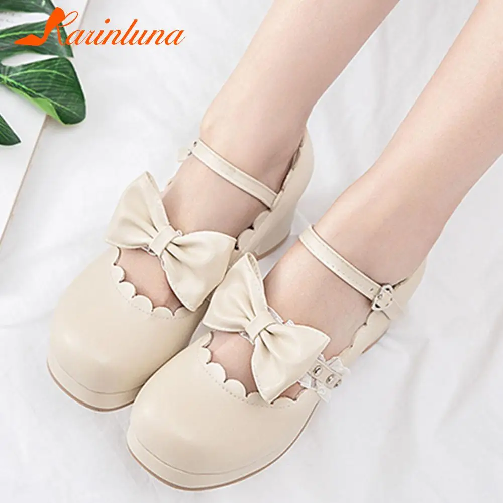 

Женские однотонные туфли-лодочки Karinluna, туфли на массивном каблуке с пряжкой и бантом, с круглым носком, большой размер 33-46