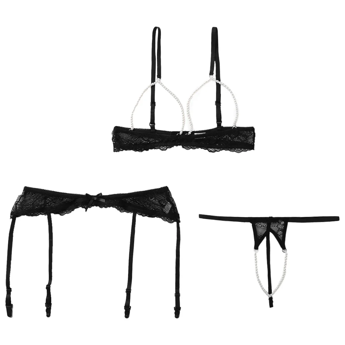 

Sexy Womens Erotic Pearl Lace Lingerie Set Adjustable Shoulder Straps Open Cups Bra Top with Garter Belt and Crotchless G-string