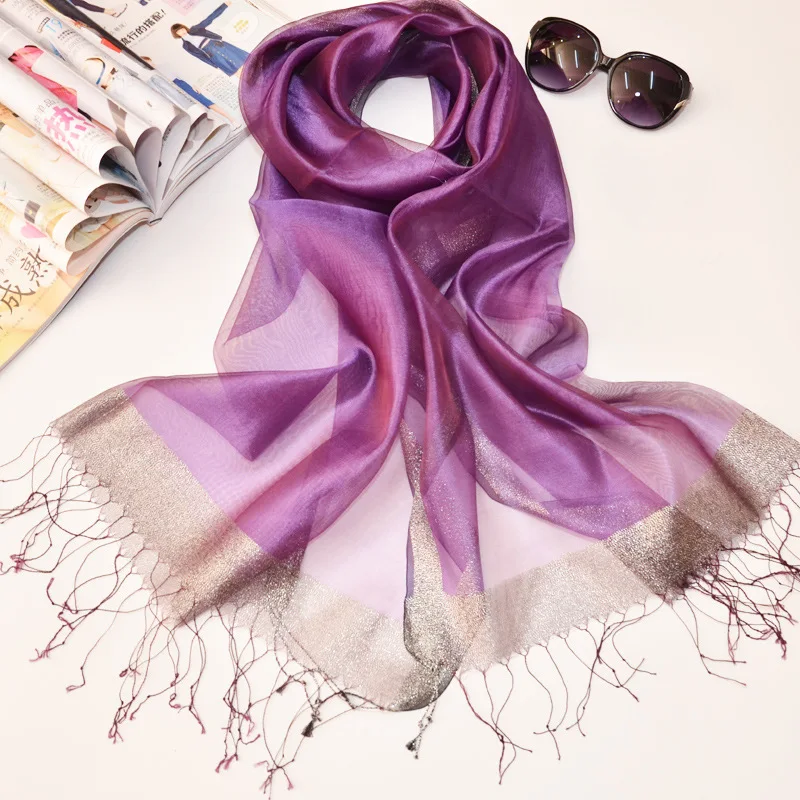 200*70 см новые Для женщин из органзы однотонные шелковые шарф светильник класса