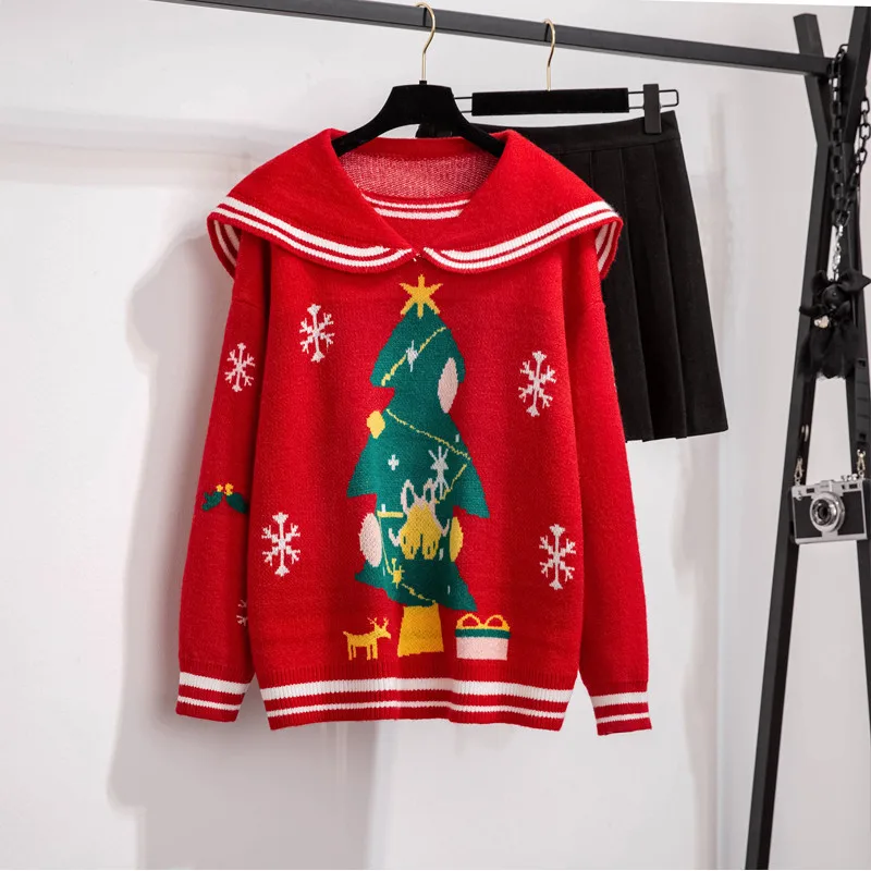 

Women Thickened Warm Loose Casual Knitting Pullovers Tops Sailor Collar Preppy Students Christmas Sweater Female
