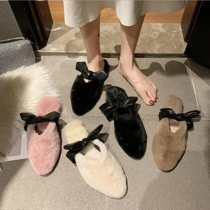 

Faux Suede Home Women Full Fur Slippers Winter Warm Plush Bedroom Non-Slip Couples Shoes Indoor Ladies Furry Slippers