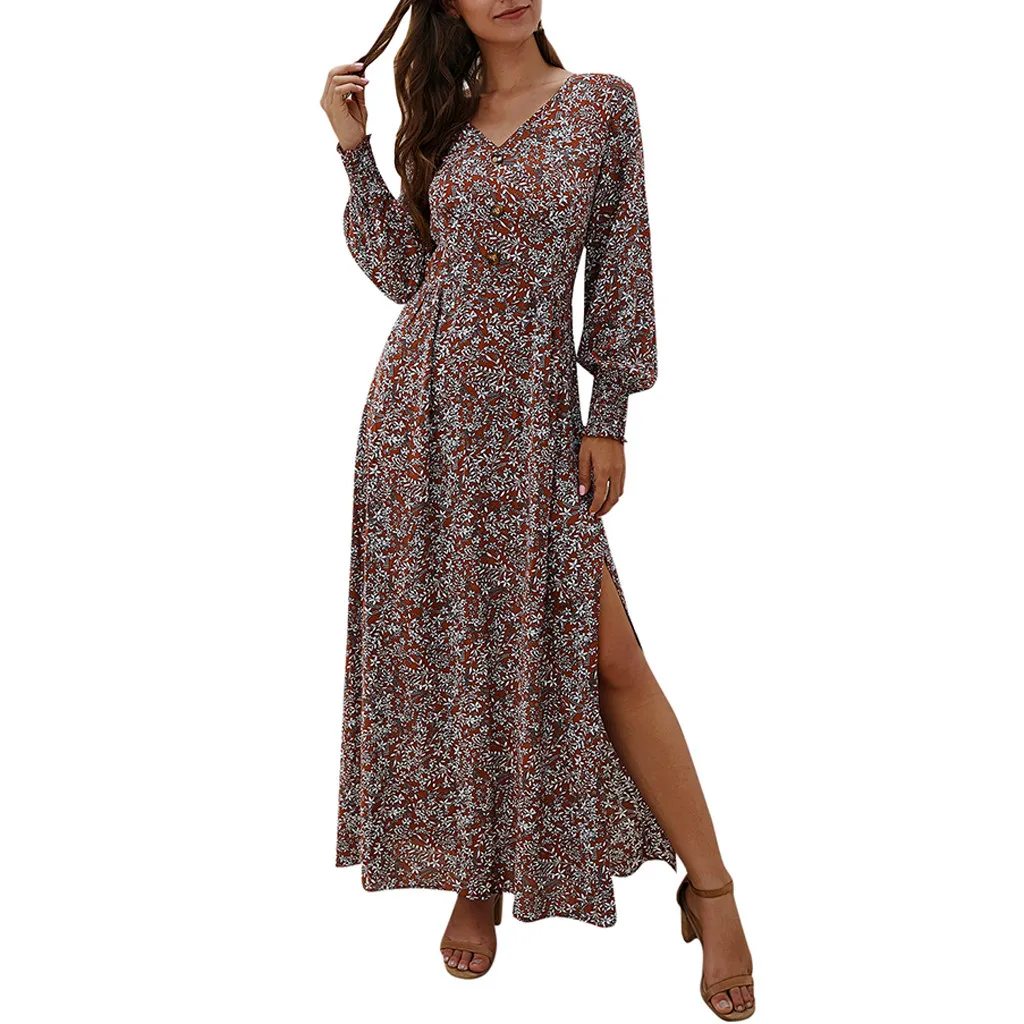 Женское платье с цветочным принтом Осень зима 2019 модное женское длинным рукавом