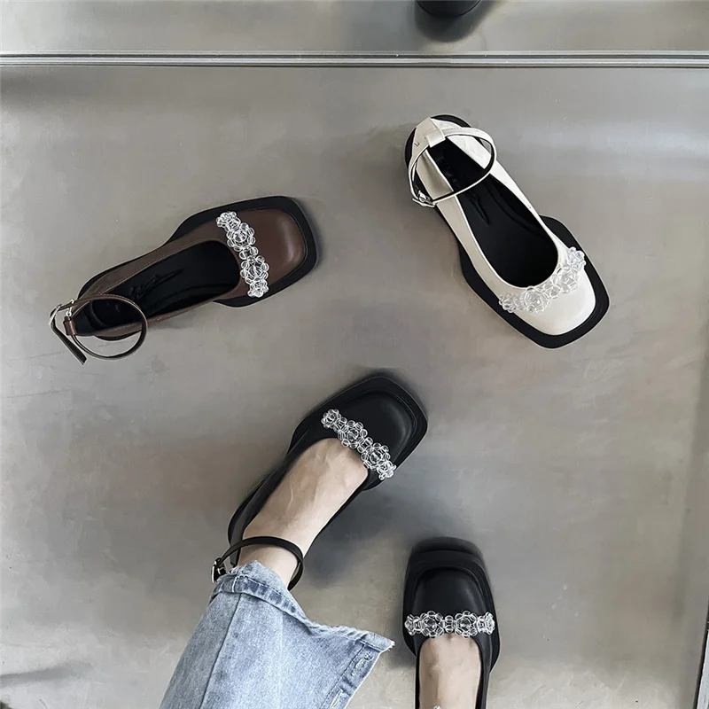

Soled Thick Women Retro British Style Small Leather Flat Platform Buckle Strap Square Toe Mary Janes Single Shoes