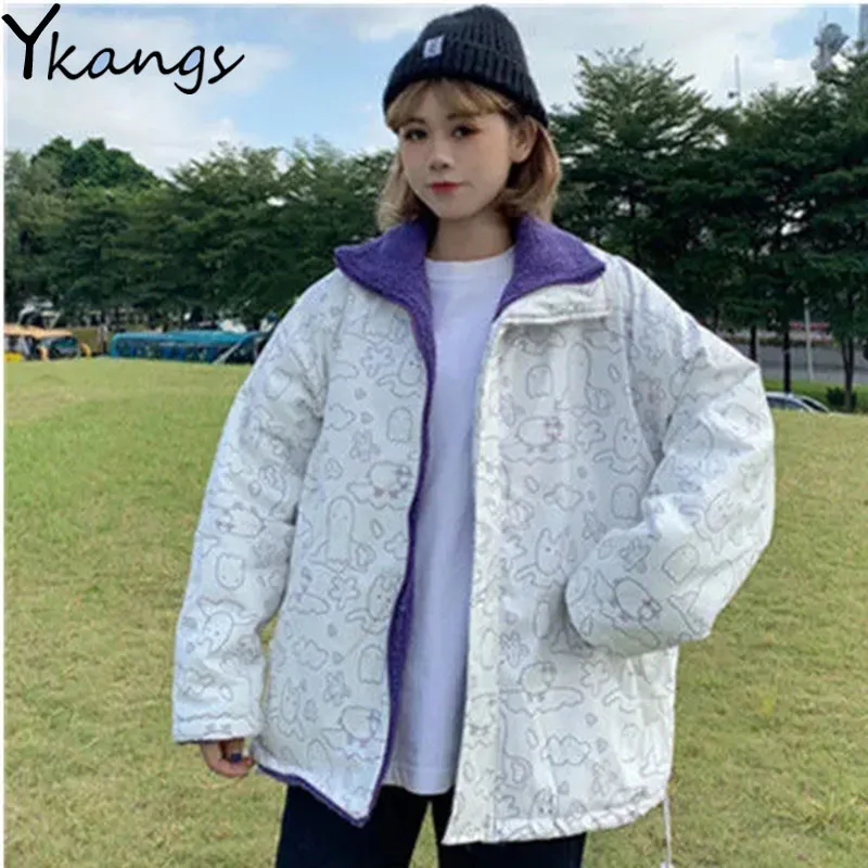 

Korean Fashion Printing Both Sides Wear Women's Jacket Y2k Thickened Lamb Wool Ladies Winter Parka Outdoor Leisure Warmth Jacket
