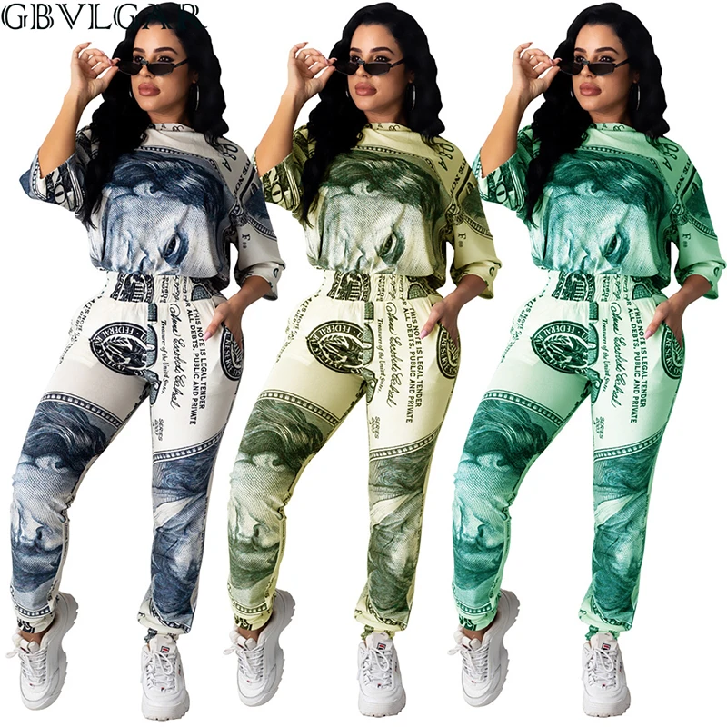 

GBVLGAR Autumn Winter Women Tracksuits Tee Tops Joggers Sweatpants Leggings Suit Summer US Dollar Print O Neck Two Pieces Sets