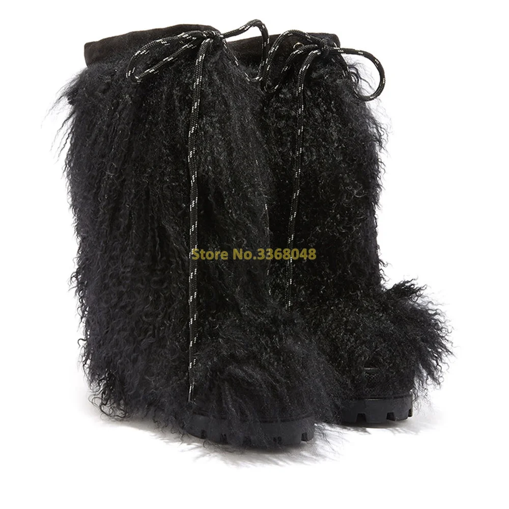 

Fur Snow Boots Winter Women Warm Shoes Height Increase Round Toe Mid-Calf Runway Dress Women Shoes