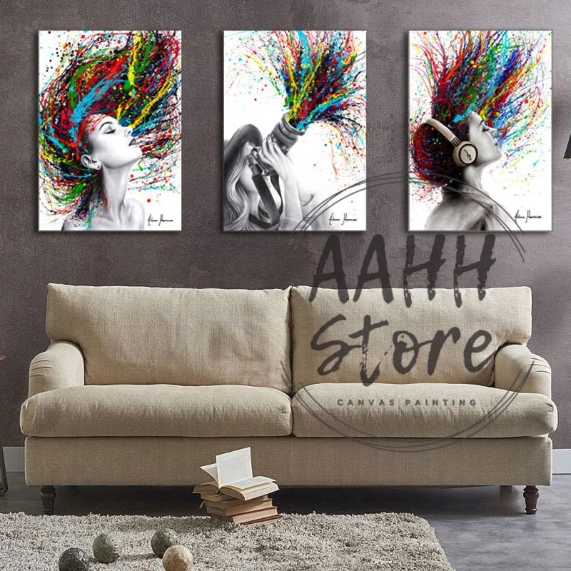 

Piano Photo With Headphones Music Girl Color Hair Picture Abstract Graffiti Wall Art Poster Canvas Painting Home Decoration