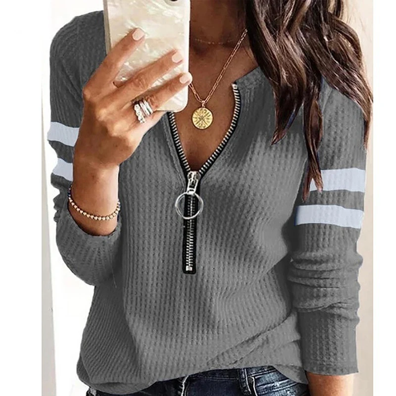 

T Shirt For Women Long Sleeve Zipper Loose Spring Autumn Fashion Casual Striped Print Ladies Top Sexy V-Neck Tops all-match
