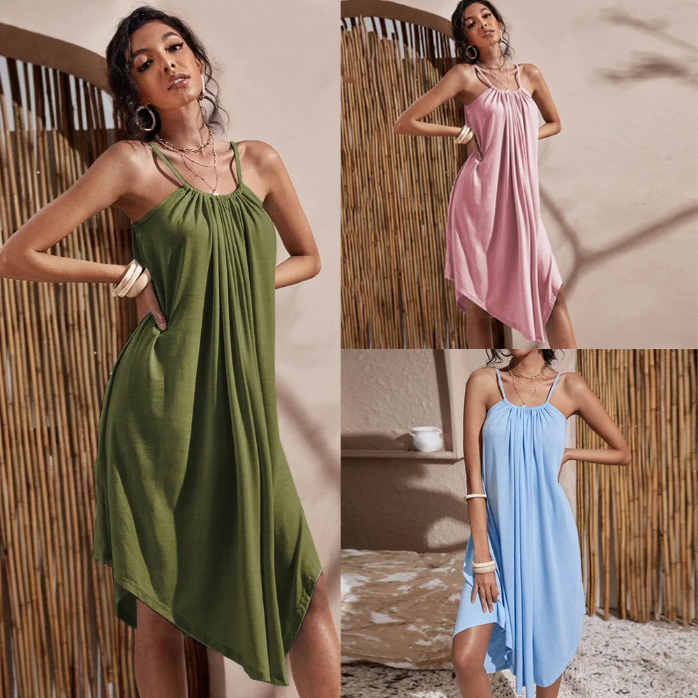 

2021 Spring and Summer Fashion Women's Solid Color Suspender Sexy Dress Loose Casual Irregular Hem Mid-length Dresses for Women