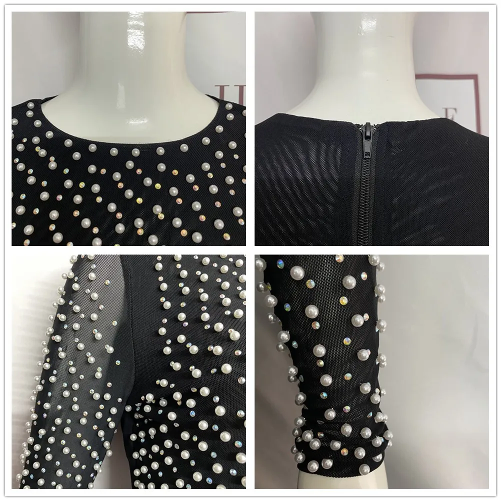 Women 2 Piece Set Sexy Beading Top Bodycon Bandage Skirt Sets Suits Lady Autumn Clothes Two Piece Sets images - 6