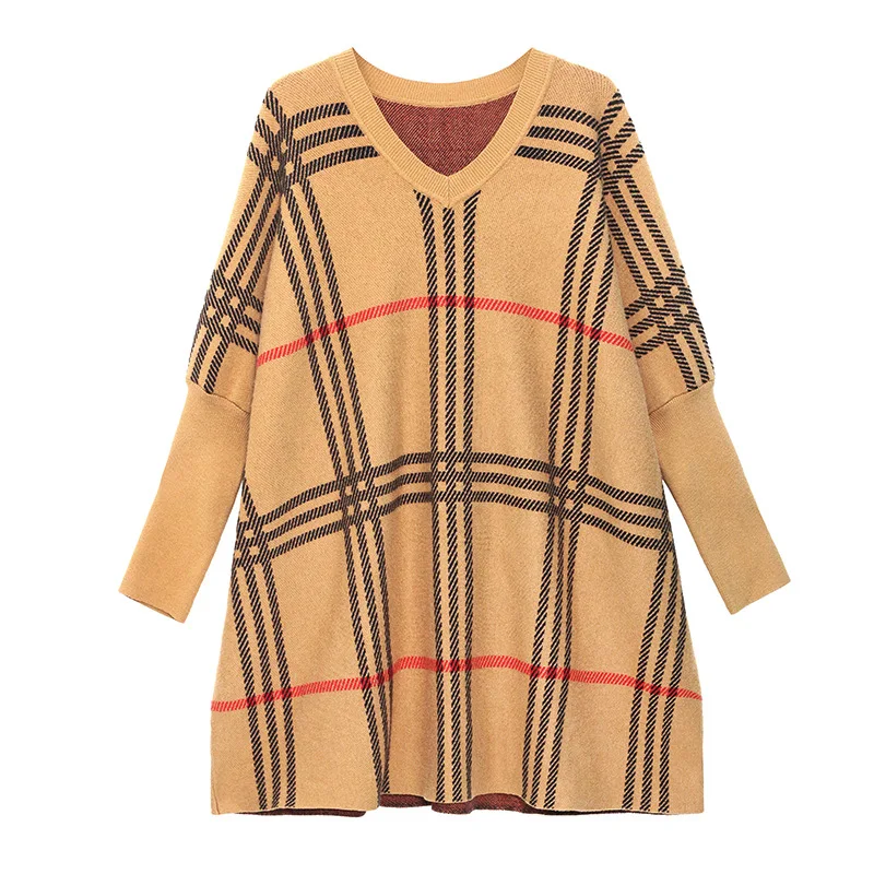 

Japanese vintage plaid sweater woman 2021 fall bat long sleeve loose look thin outside wear jacquard V-neck sweater