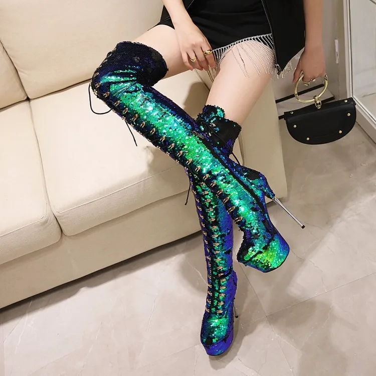 

Autumn and winter 2020 new waterproof platform super high heel shoes thin heel over knee boots Sequin boots women's large 40-43