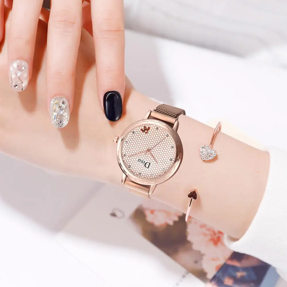 Простой сетчатый циферблат женские часы креативные розовое золото черный цвет