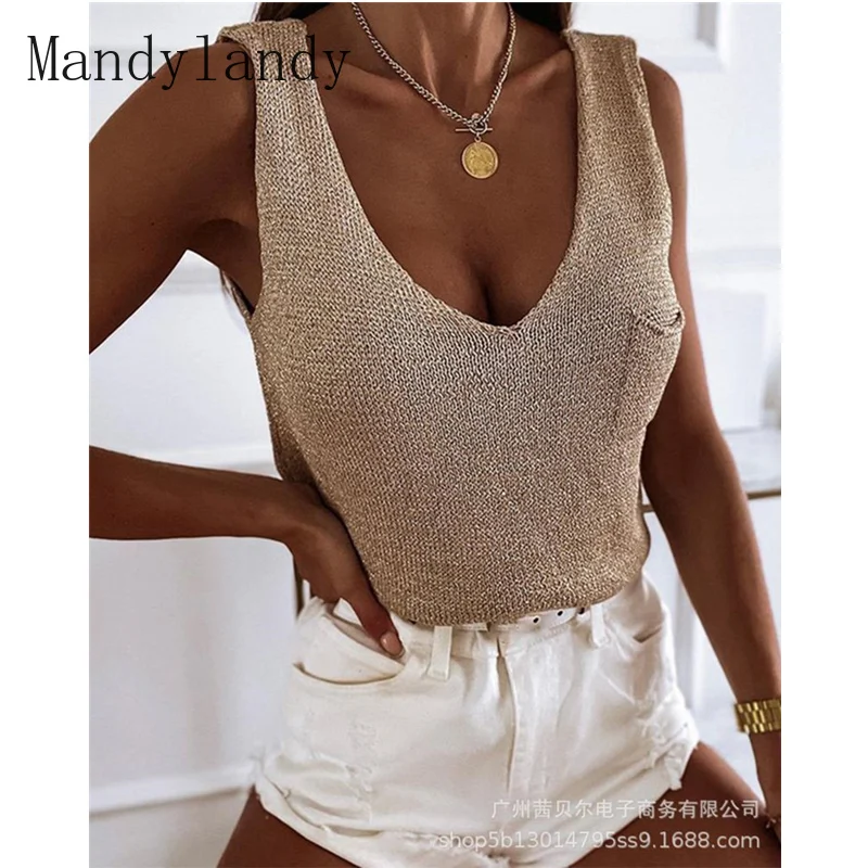 

Mandylandy Women's Sexy Knitted Sweater Top Shirt Lady Elegant Sleeveless V Neck Slim Fit T-shirt Knitwear