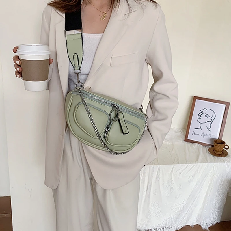 

Wide Shoulder Strap Messenger Bag Women's Chain Shoulder Bag Handbag Pure Color Design Handbag