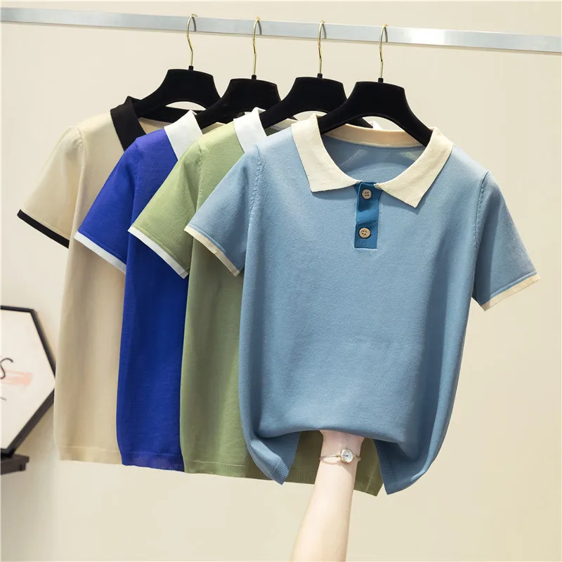 

Вязаная футболка, женские летние винтажные Топы с коротким рукавом, Женская милая одежда, модная синяя футболка, футболка, женские футболки