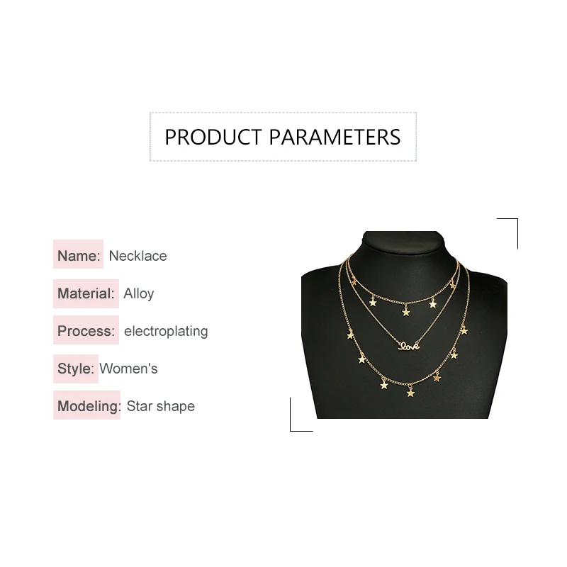 

Fashion Jewelry Gift Bohemian Metal Pentagon-Star Letter Love Star Multilayer Choker Necklace For Women With Party