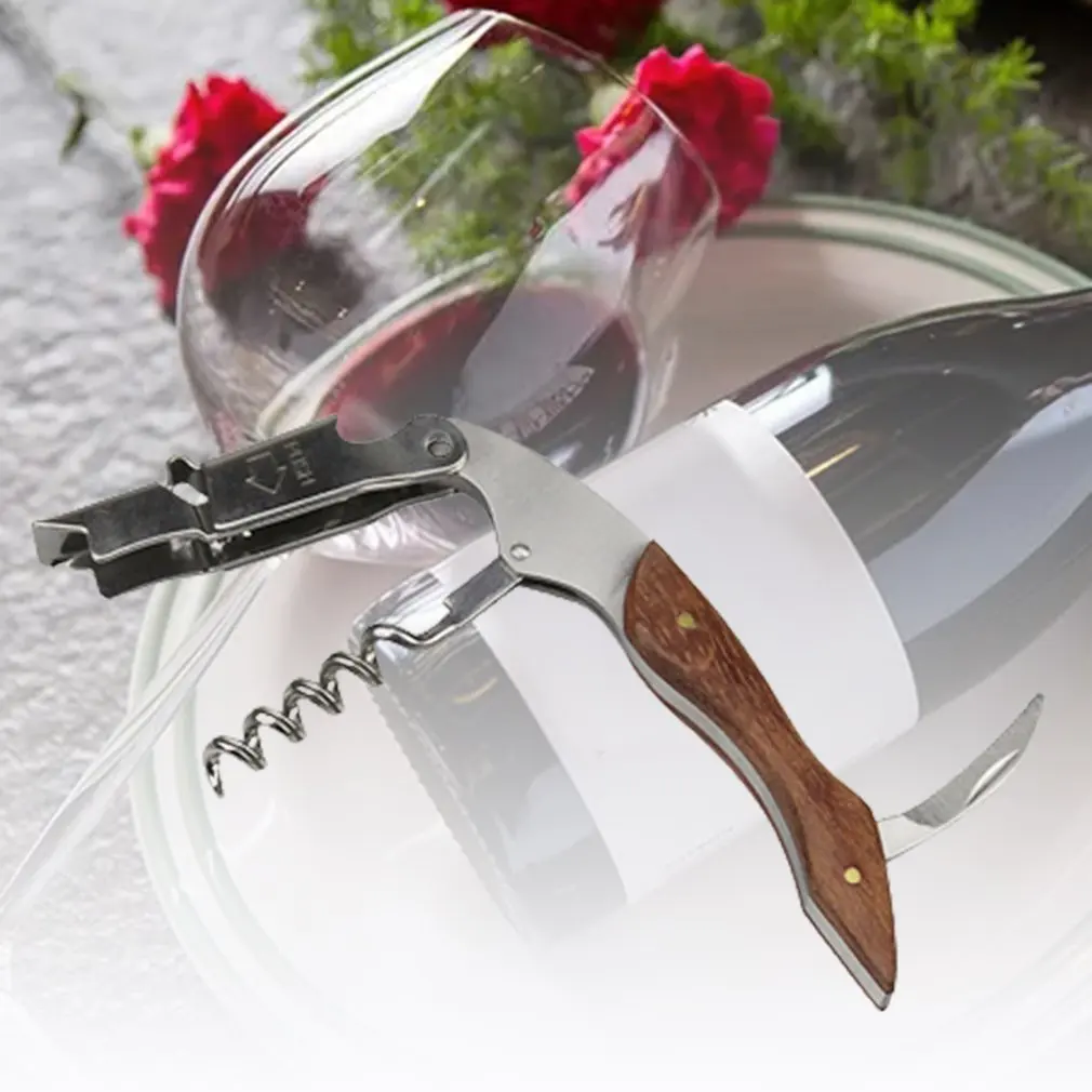 

Wooden Knife Corkscrew Multi-function Easy To Hold Ergonomic Fold Stainless Red Wine Beer Corkscrew Gift With Olive Wood Handle
