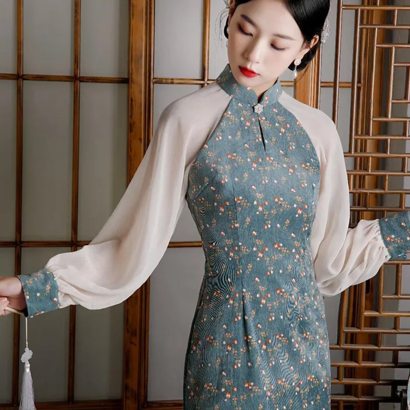 

Modern Improved Floral Splicing Cheongsam Slim Women Autumn Chinese Style Vintage Elegant Female Qipao Dress Long Sleeve Hanfu