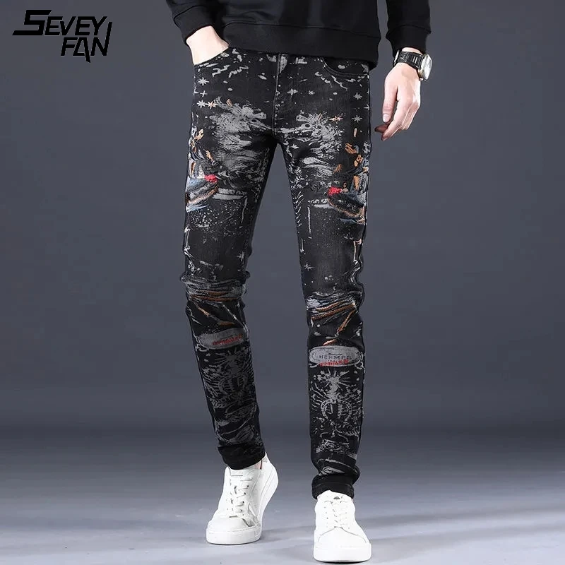 

Men Hip Hop Blue Jeans Paint Printed Embroidery Fashion Slim Denim Pants Streetwear Harajuku Hipster Nightclub Jean Trousers New