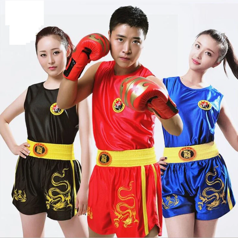 

Adult Children Sanda Uniform Mma Shorts Fight Wushu Sanda Suit for Kids Thai Shirt Training Competition Muay Thai Boxing Trunks