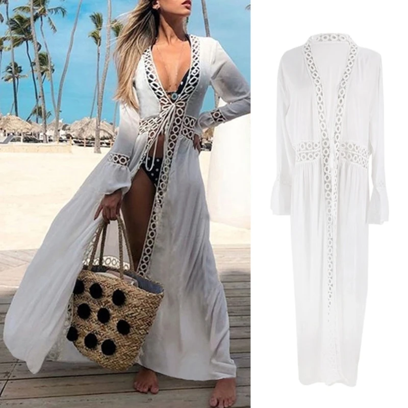 

Women Long Sleeve Swimsuit Cover Up Hollow Out Lace Maxi Long Beach Cardigan