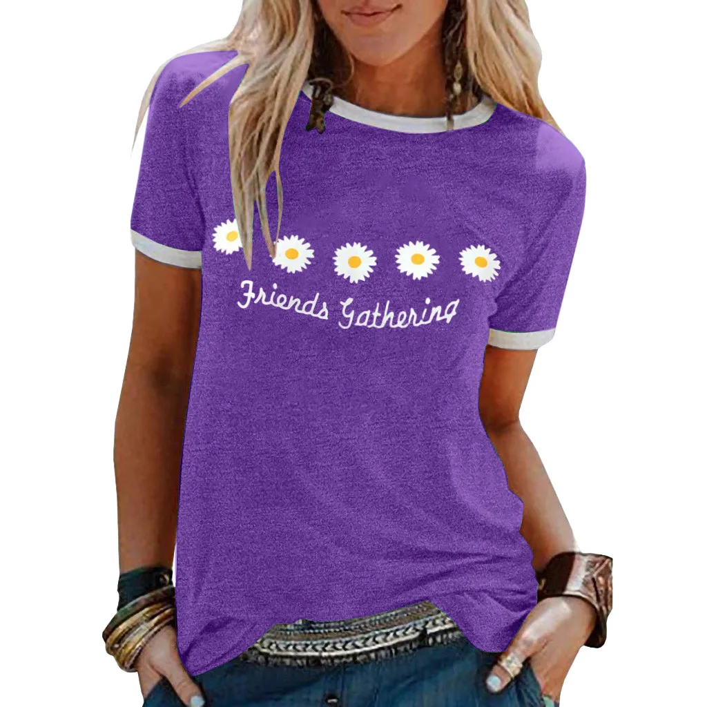 Женские Футболки в стиле Харадзюку с цветочным принтом летние круглым вырезом и