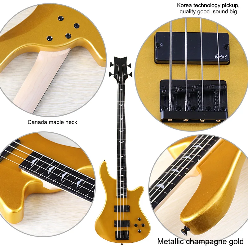 Оранжевая электрическая бас-гитара 4 струны без ладов корпус из цельного