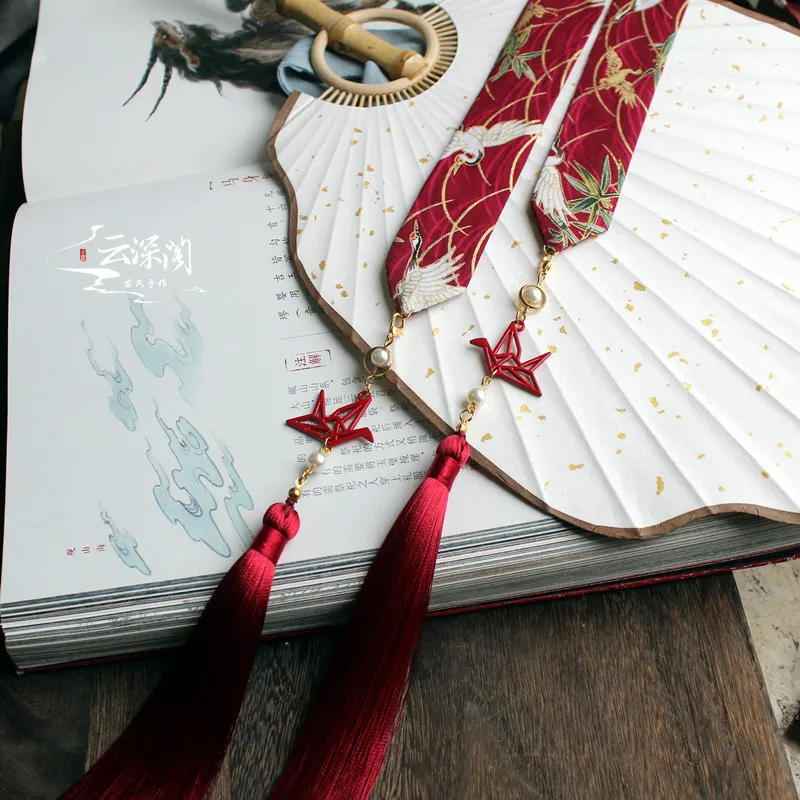 Flowers white crane Наденьте на лоб ленту для волос hanfu tassel горячее тиснение парча Карп съемная бахрома кран шины аксессуары для волос - Цвет: Flowers white crane
