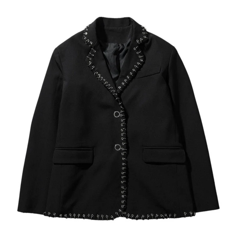 

Мужской пиджак с украшением в виде кольца, черный блейзер, уличная одежда, мужской костюм ручной работы, пальто, Новинка осени 2021, однобортна...