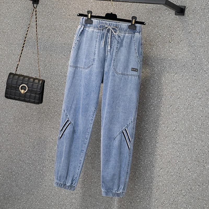 Женские джинсы с высокой талией со шнуровкой джинсовые шаровары женские брюки до