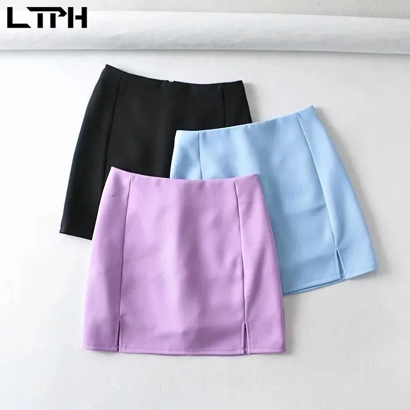 

LTPH streetwear girl style solid Package Hip skirt High waist lined with vintage casual split straight skirts 2021 summer new
