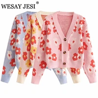 wesay jesi women clothing cardigan traf za floral women sweater 2021 v neck knitted long sleeve all match sweet cardigan top
