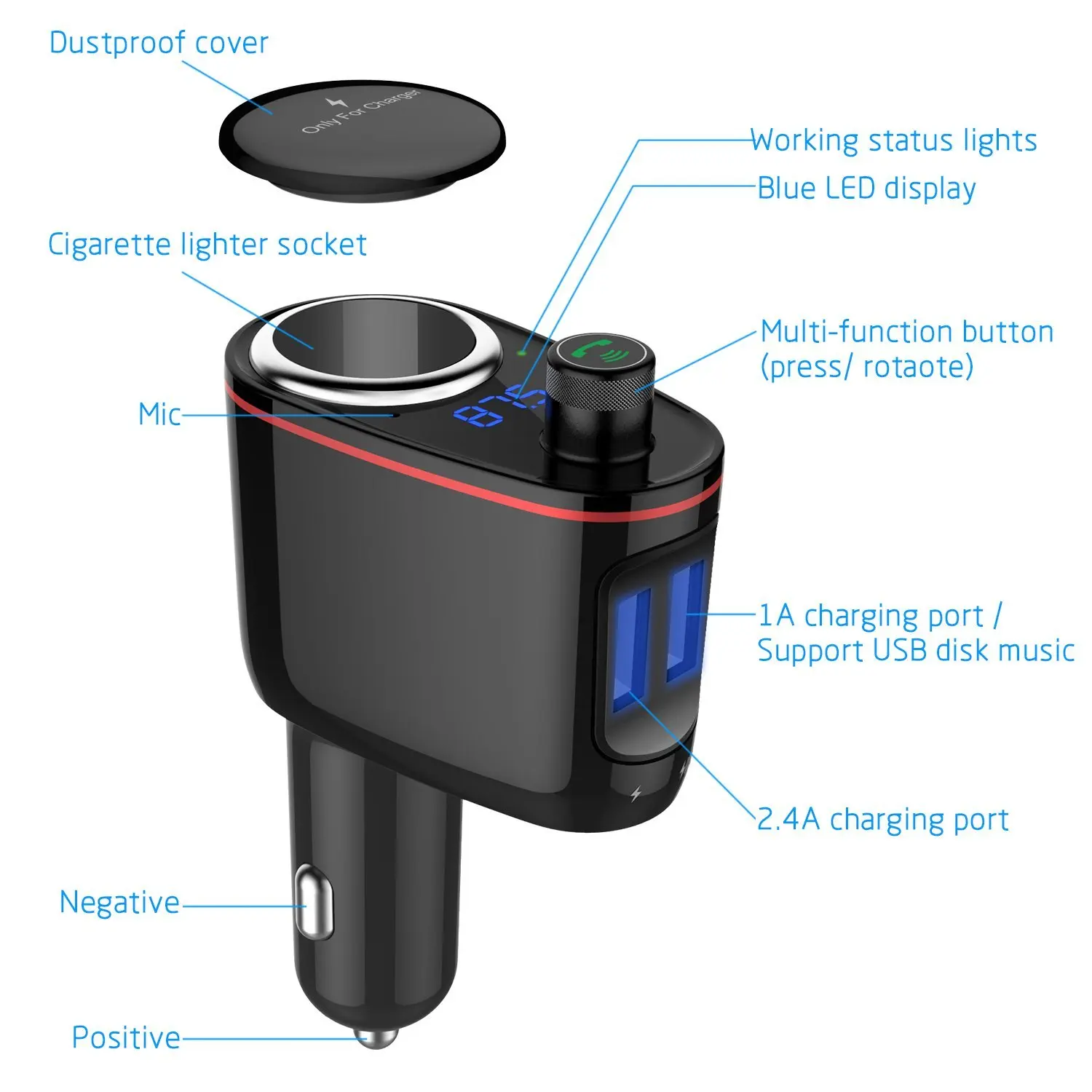 Автомобильное зарядное устройство с Bluetooth FM передатчиком и двумя USB