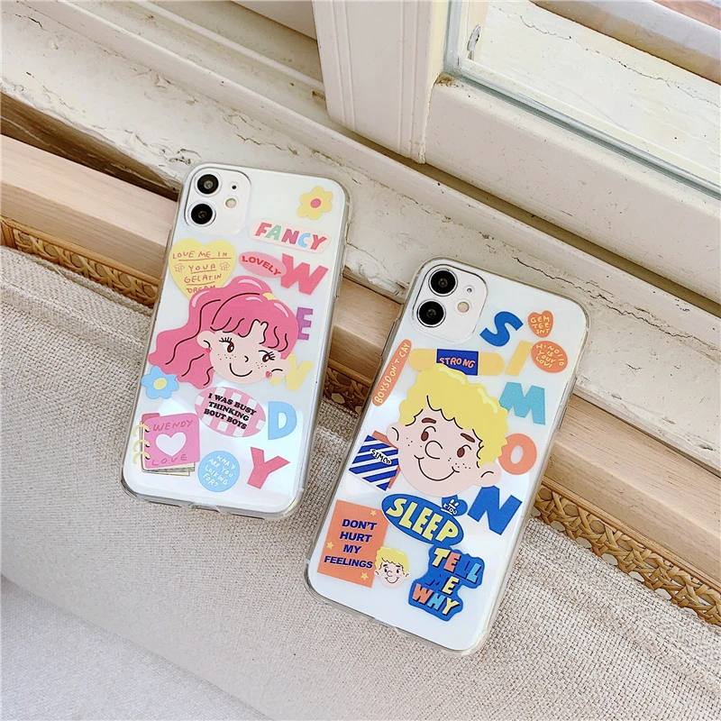 

Korea Cute Cartoon Couple Phone Cases on For iPhone 12 Mini 11 Pro XS MAX XR X 8 7 Plus SE 2020 Clear Soft TPU Back Cover Funda
