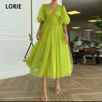 lorie vintage prom dresses v neck half puff sleeve tea length polka dot evening gown custom made party dress for graduation 2021