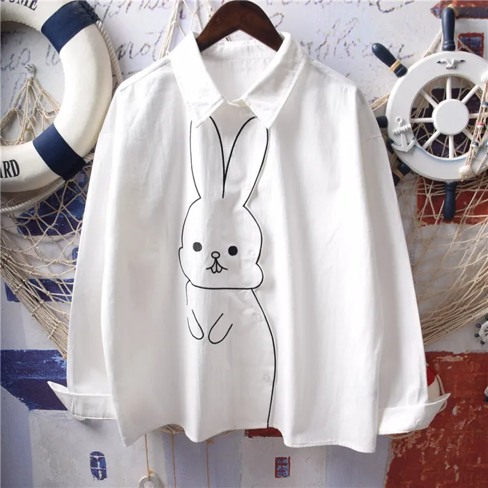 Милый 3D кролик вышивка отложной воротник с длинными рукавами Белый Хлопок kawaii