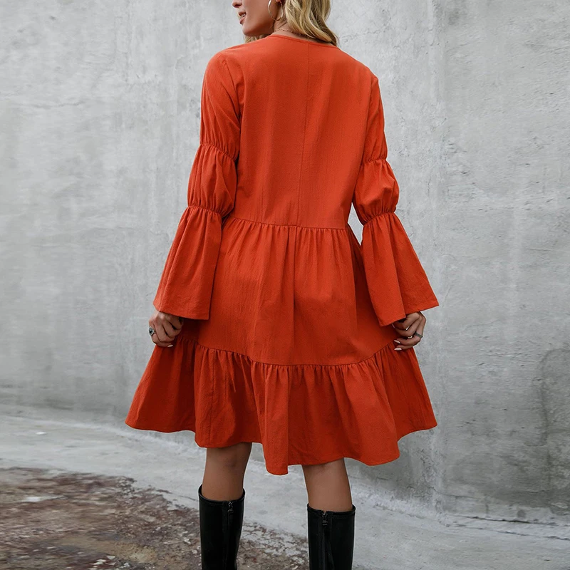 

Elegant Ruffles Women Solid Princess Dress Long Flare Sleeve Autumn Casual V Neck Dress Female Loose Waist Oversized XXXL Dress