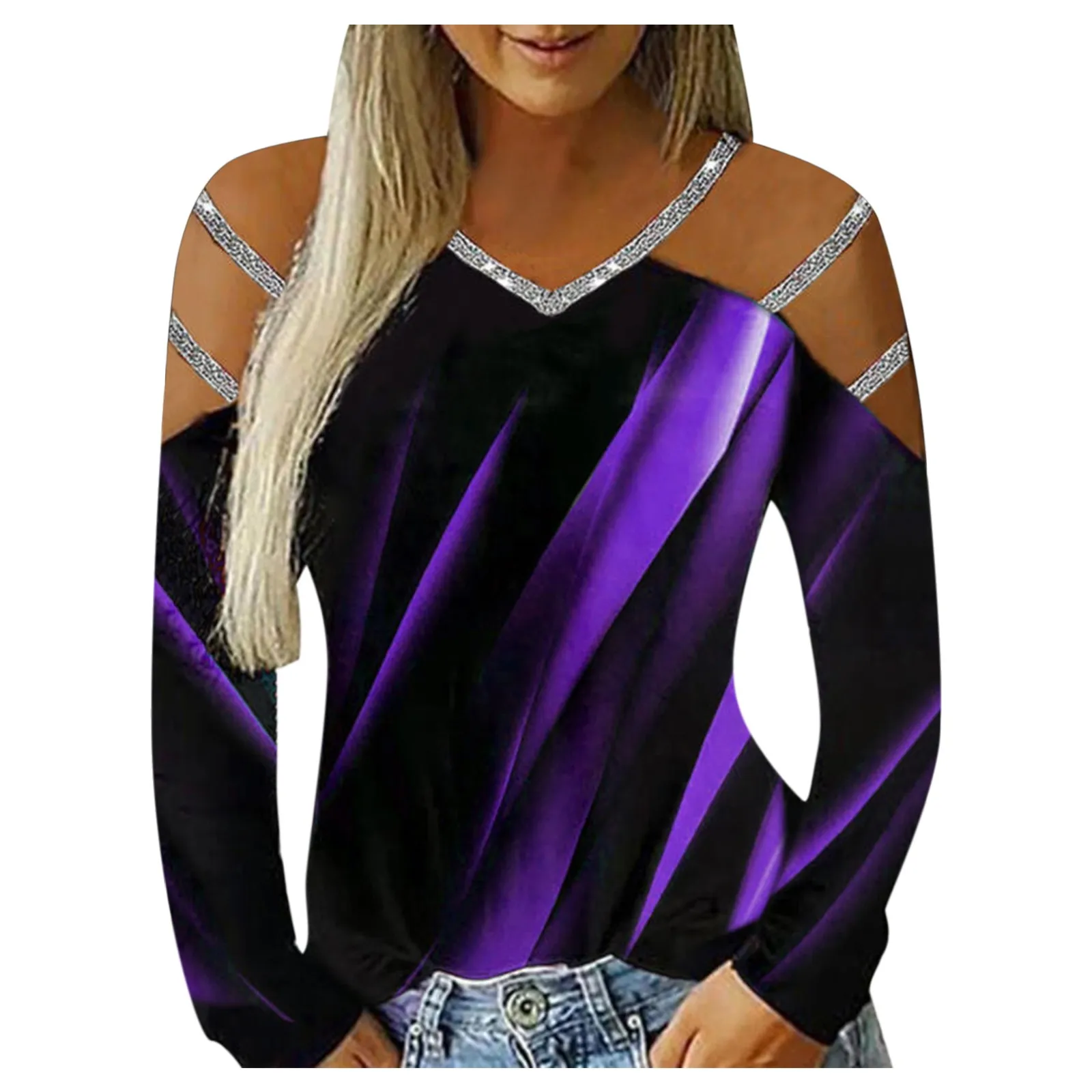 

Women's Blouse Casual Positioning Line Contrast Printing V-neck Long-sleeved Hollow Out Top Ladies Fashion Top Blusas 2021 New