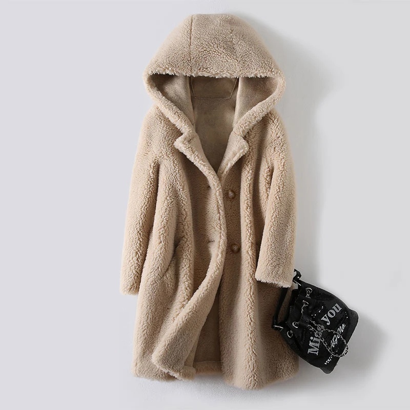 معطف فرو خروف أصلي للنساء ، جاكيت نسائي بقلنسوة ، غير رسمي ، دافئ ، لفصل الشتاء ، 2020