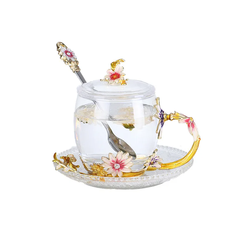 

Enamel Coffee Cup Chrysanthemum Mug Flower Tea Drinking Glass Cups with Handle for Hot and Cold Drinks with Cap Pad Wipe Cloth