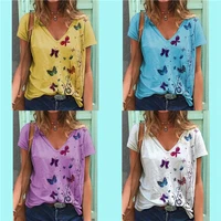 t shirt butterfly blouse print tunic loose tops ladies v neck women short sleeve
