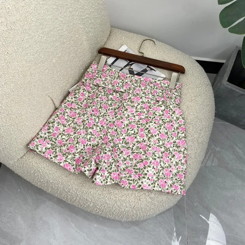 

2021 New Summer Women Fashion White Hollow Out Blouse Colorful Wild Floral Print Shorts Suit High Quality Set