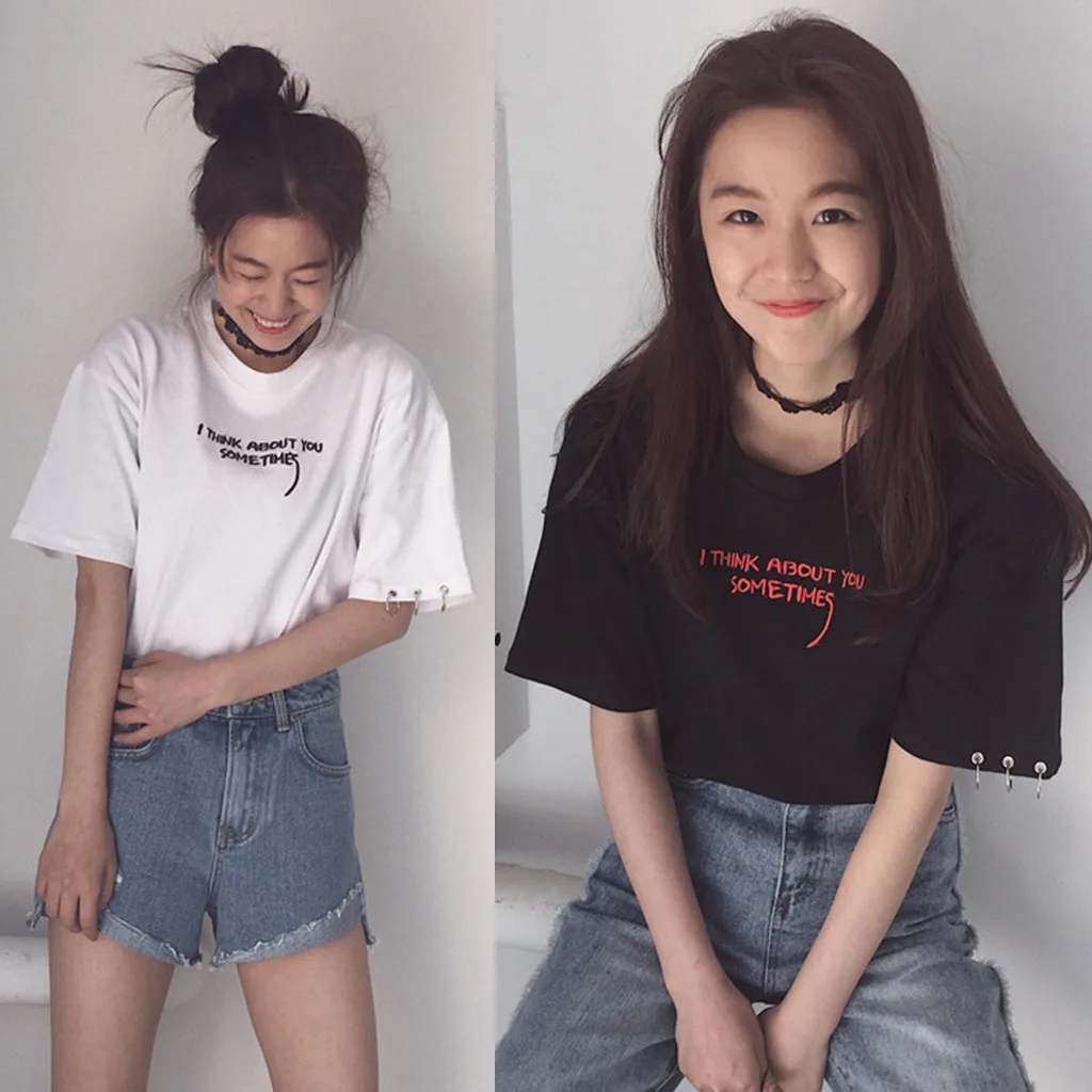 Летние топы, корейский Ulzzang Harajuku, вышивка, короткий рукав, женские повседневные рубашки, футболка,, новинка#0911