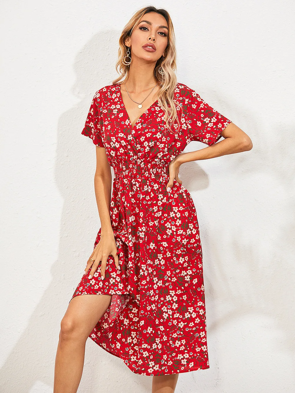 

Women summer white floral print short-sleeved dress vintage dress V-neck elegant fashion knee-length Chiffo A-line dresses
