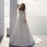 luojo wedding dress off the shoulder tulle boho detachable long puff sleeve bridal gowns lace appliqued wedding party dress