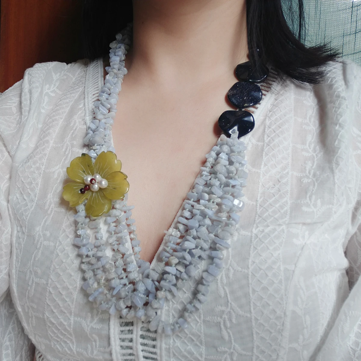 

Lii Ji Real Stone Statement Necklace 57cm Korea Jade Flower Blue Lace Agate Blue Sandstone Mutil Strands Necklace Women Jewelry