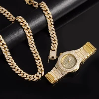 jewelry gold set for men iced out watch paved rhinestones 3pcs 12mm full miami curb cuban chain cz bling rapper necklace for men