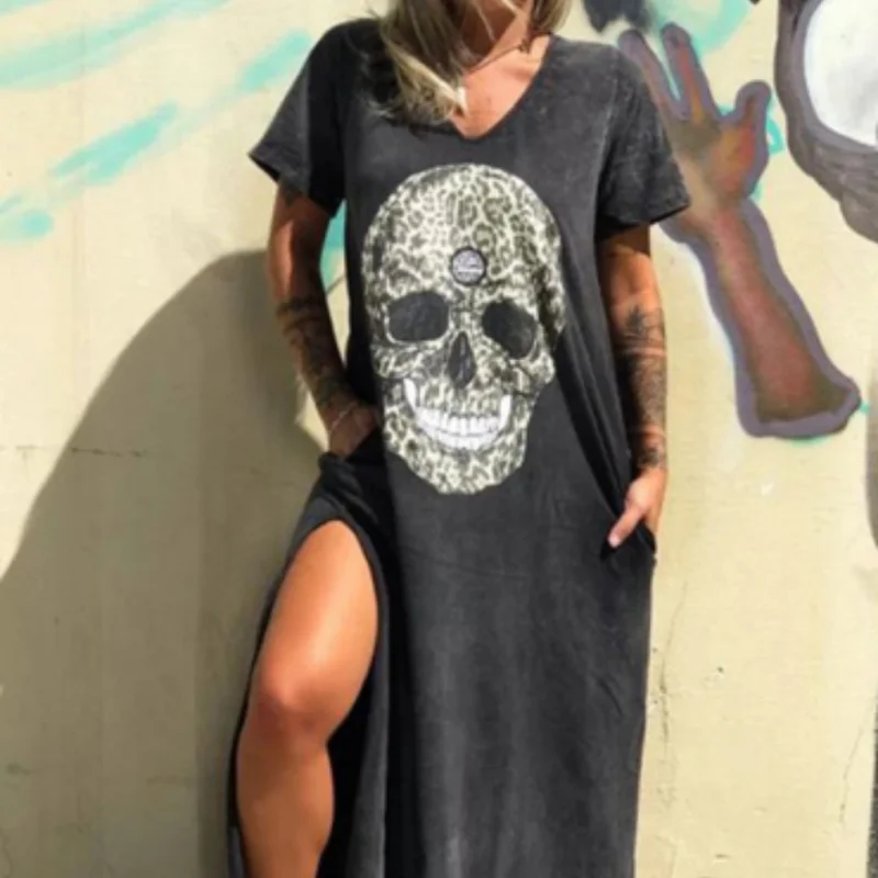

Summer Dress Women Casual Punk Loose Short Sleeve Skull Print Female Dress Streetwear Side High Split Flower Female Vestido